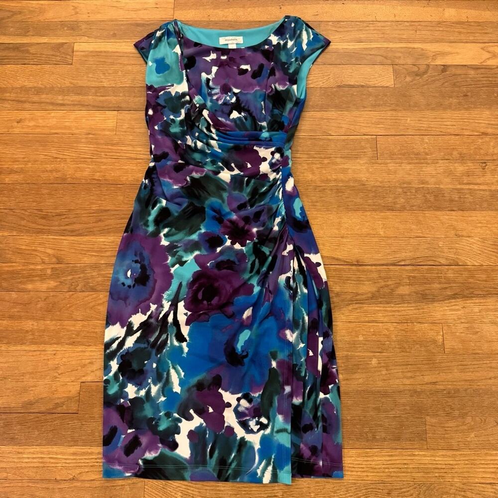 Dress Barn purple black floral sleeveless knee length sheath dress size 4 b41